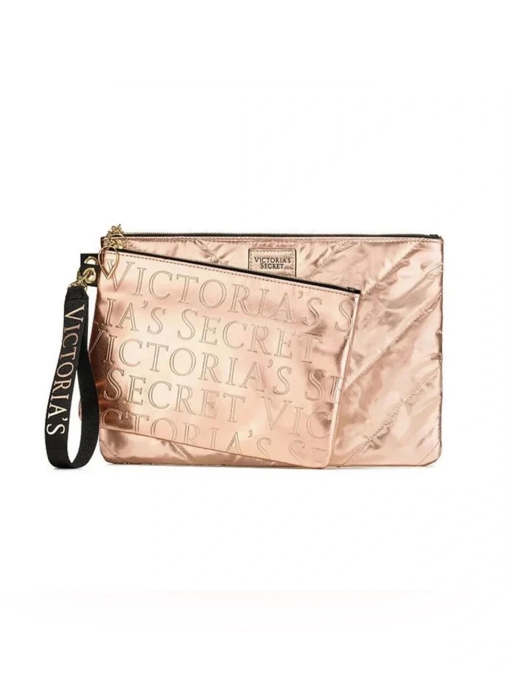 Victoria’s Secret Rose Gold Metallic 2-Piece Cosmetic Makeup Bag Set NWT Wristle